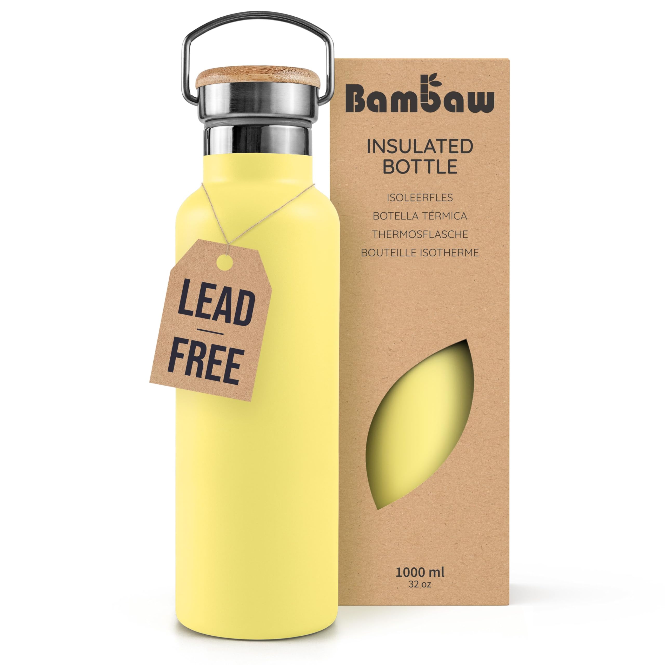 Bambaw Stainless Steel Insulated Water Bottle 1l, Metal Water Bottle 1l Stainless Steel, Double-Walled, Reusable & Leak-Proof, Wide Mouth, Easy to Clean & Great for Travel (Yellow Beam)