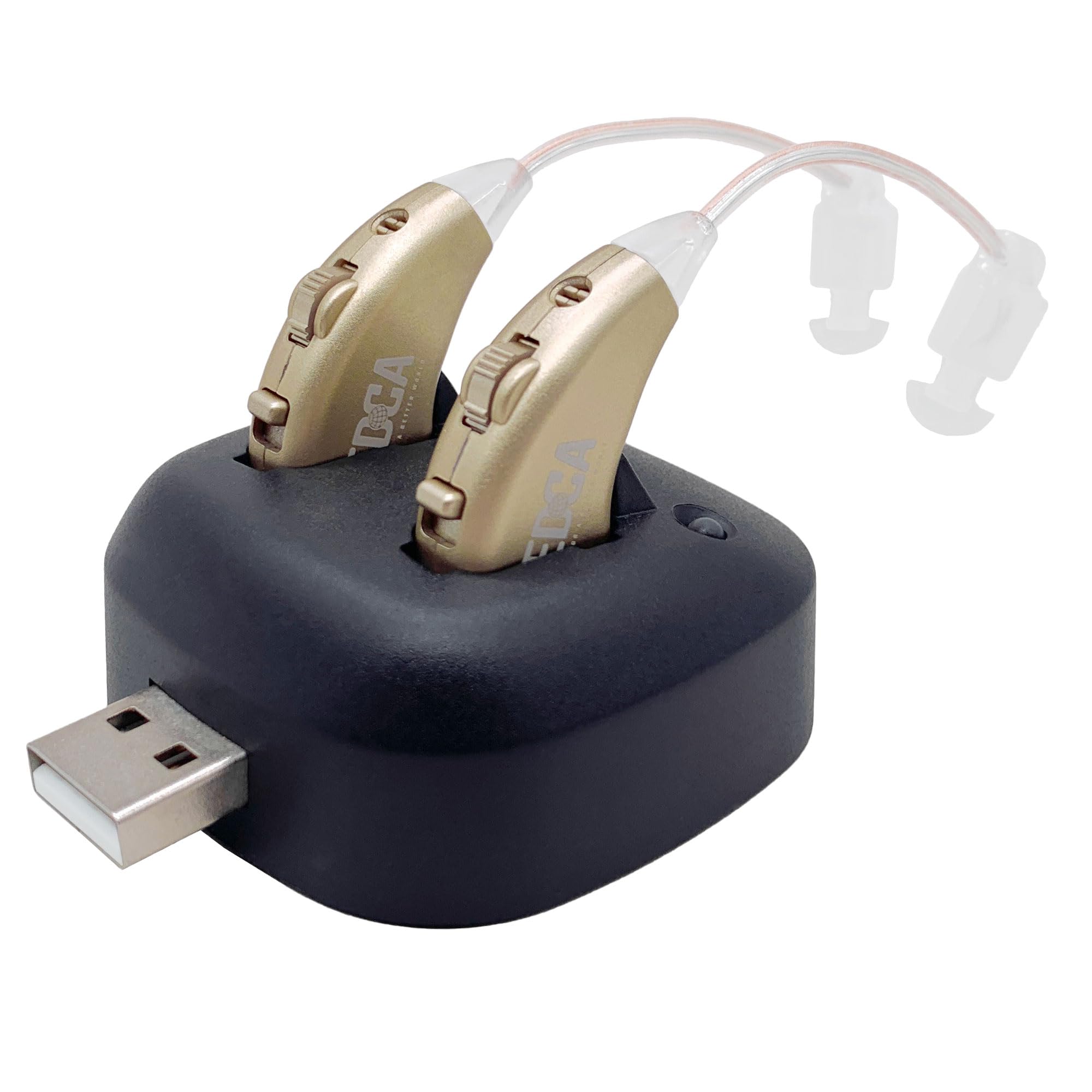 Rechargeable Digital Sound Enhancers - Pair of Lightweight Behind-the-Ear Audio Amplification Devices with USB Dock, Premium Gold Finish