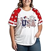 4th of July Shirts Women Plus Size:USA Color-Blocking Short-Sleeve American Flag Crew Neck Graphic T-Shirt