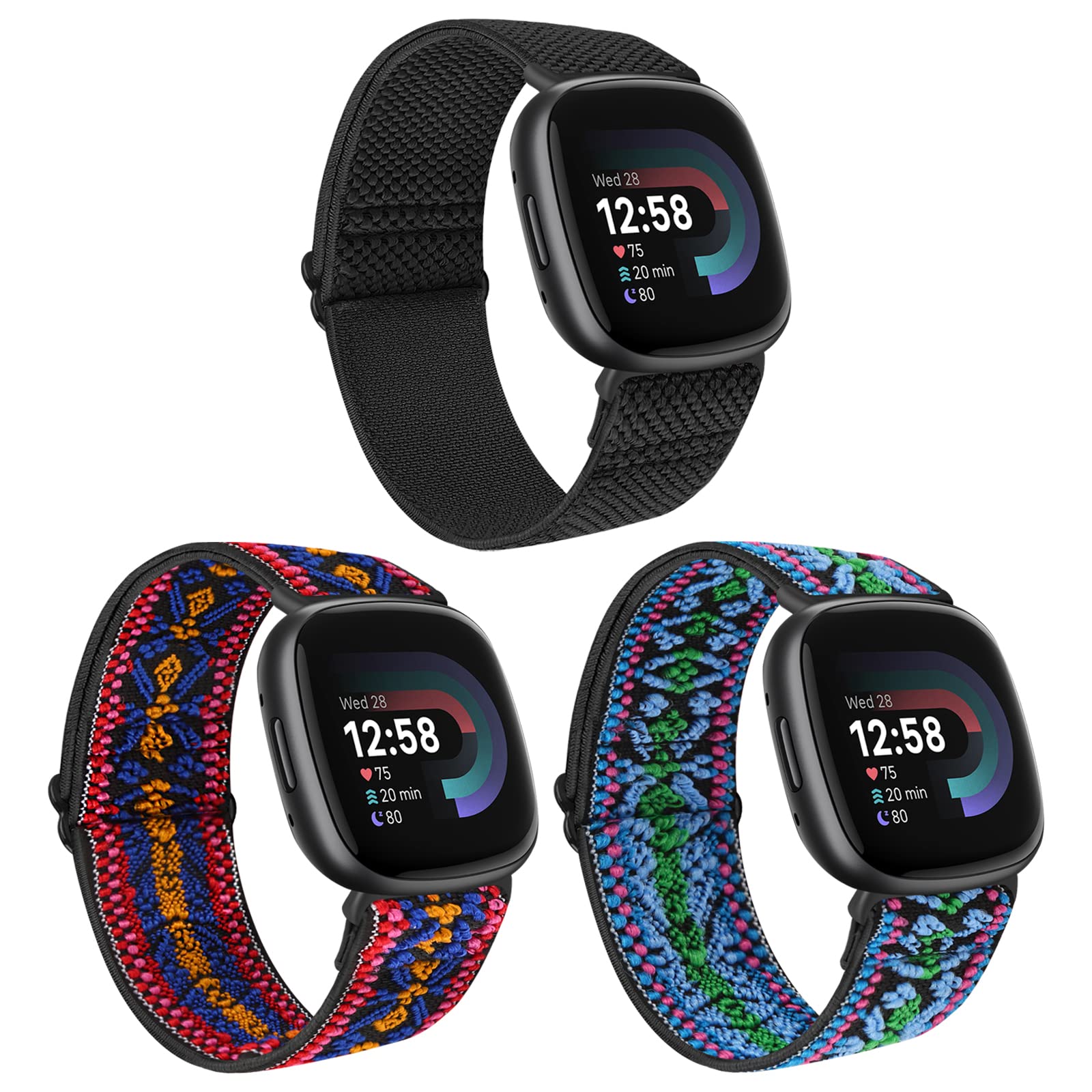 Huamanlou 3 Pack Elastic Nylon Straps Compatible with Fitbit Versa 4/Versa 3/Sense 2/Sense, Soft Loop Adjustable Sport Replacement Wristbands for Women Men
