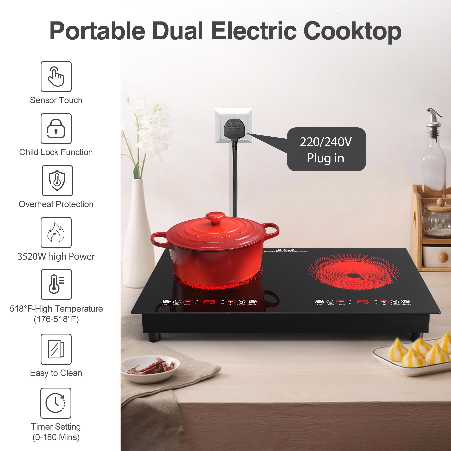 VBGK Electric cooktop,110V 24 inch 2 Burner Electric Cooktop,Built-in and Countertop Stove Top,2200W Stove,9 Power Levels, Kids Lock & Timer,LED touch control,Overheat Protection