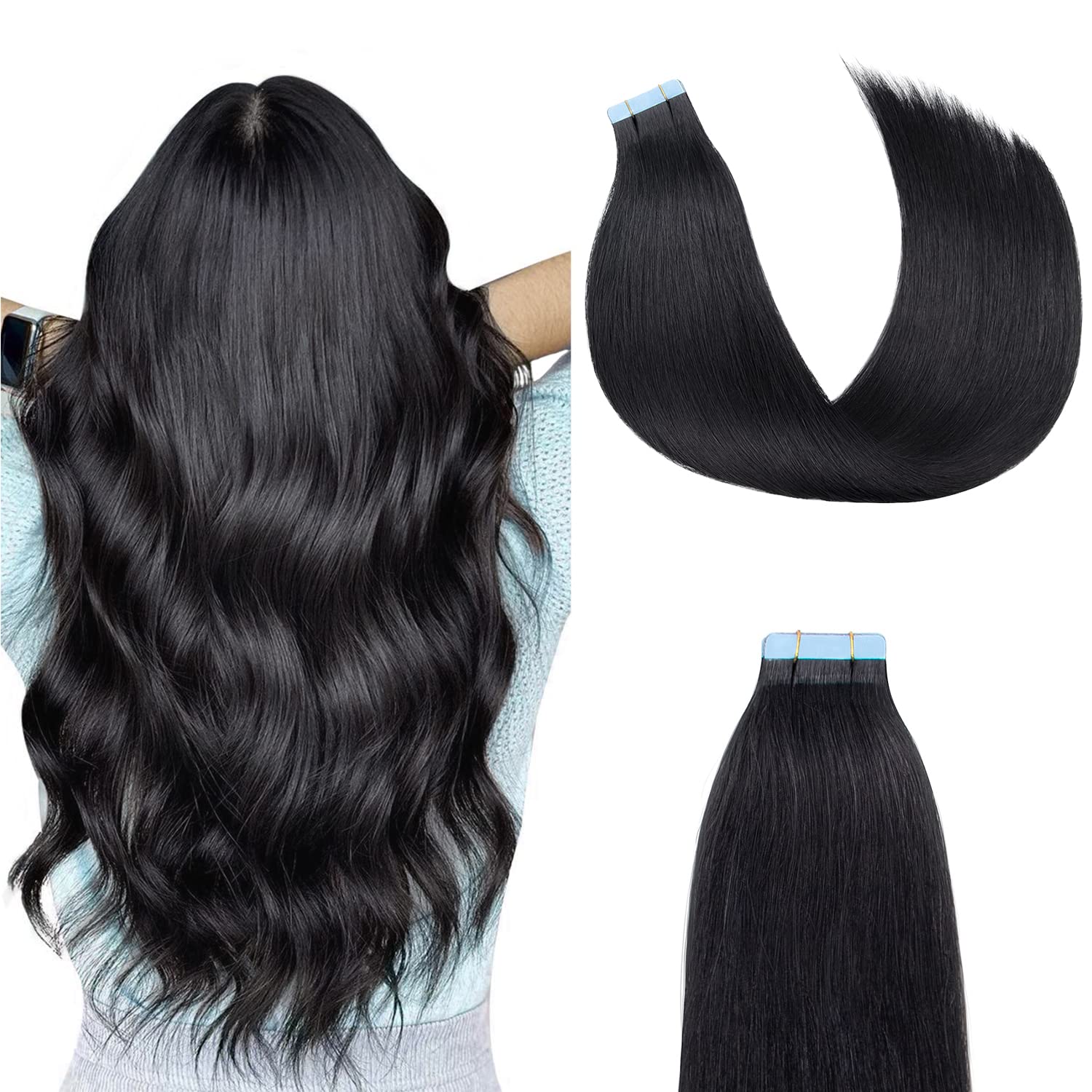 AGMITY Tape in Hair Extensions 100% Remy Human Hair Jet Black 20 inches 20pcs 50Gram Seamless Skin Weft Straight Real Human Hair Tape in Extensions(20 inches #1 Jet Black) — image 1