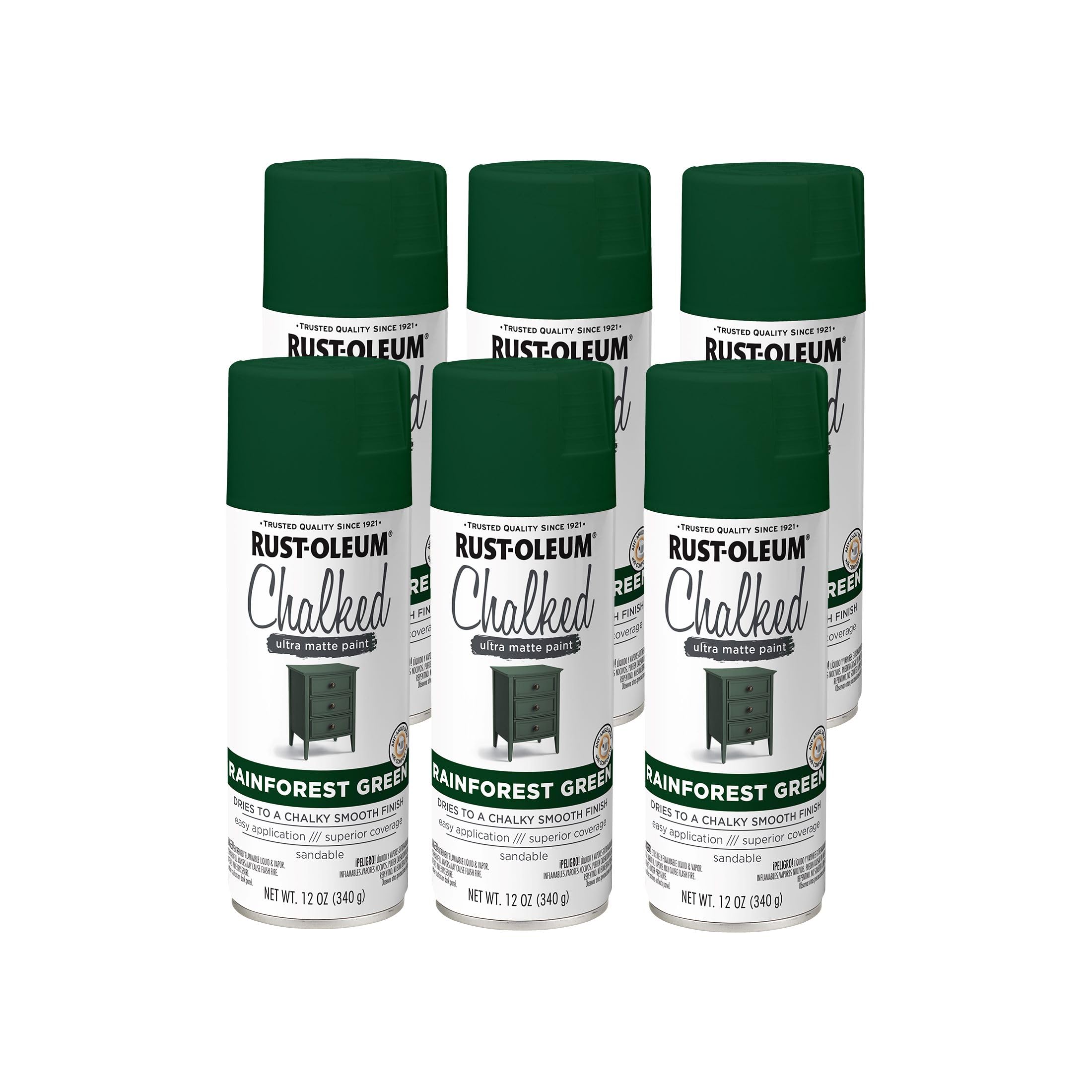 Rust-Oleum Rainforest Green Chalked All-in-One Ultra Matte Spray Paint | One Coat Coverage | No Primer, Sanding, Or Topcoat Needed | Easy Spray Application | Made in USA | 12 OZ | 6 Pack Image