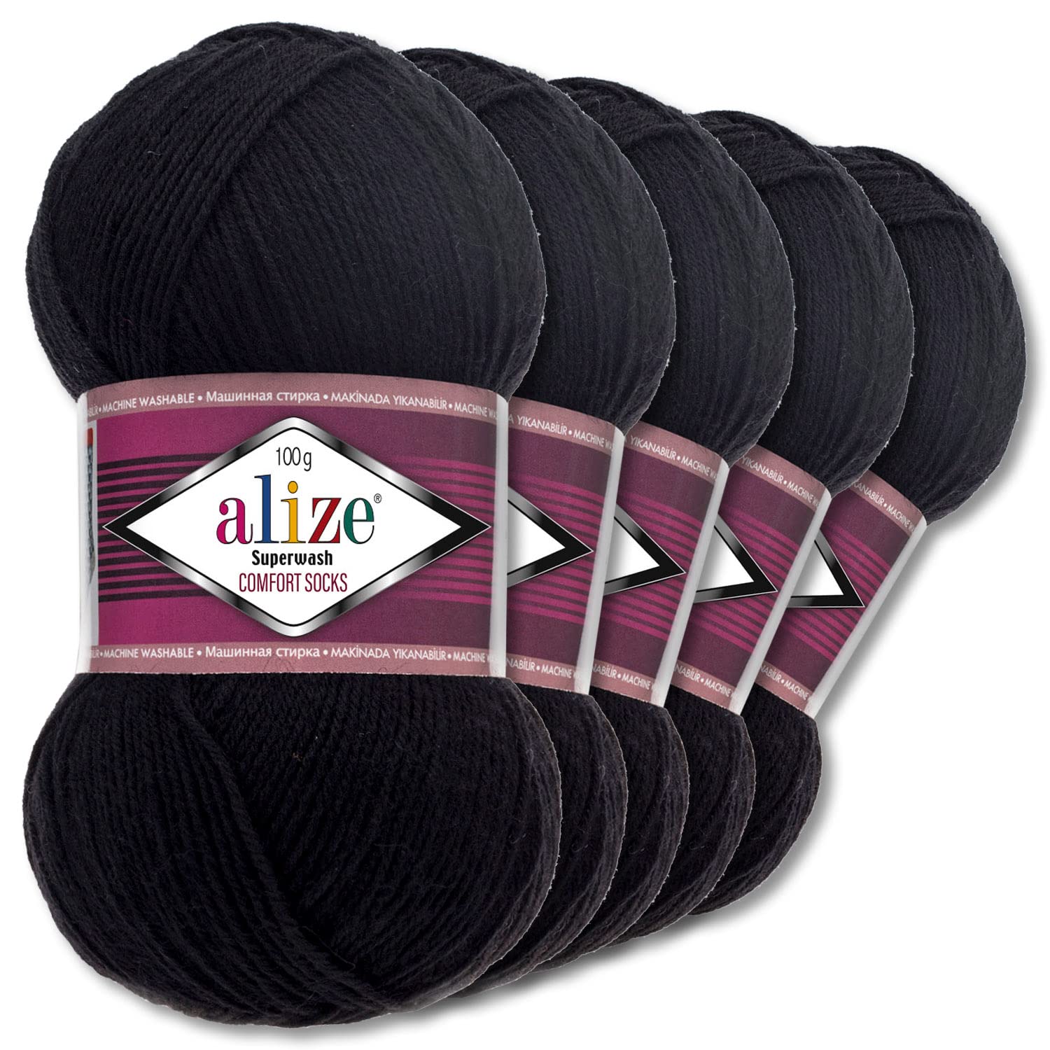 Wohnkult Alize Superwash Comfort Sock Wool 33 Colours to Choose From One / Multicoloured (60 | Black) 5 x 100 g