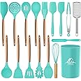 MIBOTE 17 Pcs Silicone Cooking Kitchen Utensils Set with Holder, Wooden Handles Cooking Tool BPA Free Turner Tongs Spatula Sp