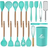 MIBOTE 17 Pcs Silicone Cooking Kitchen Utensils Set with Holder, Wooden Handles Cooking Tool BPA Free Turner Tongs Spatula Sp