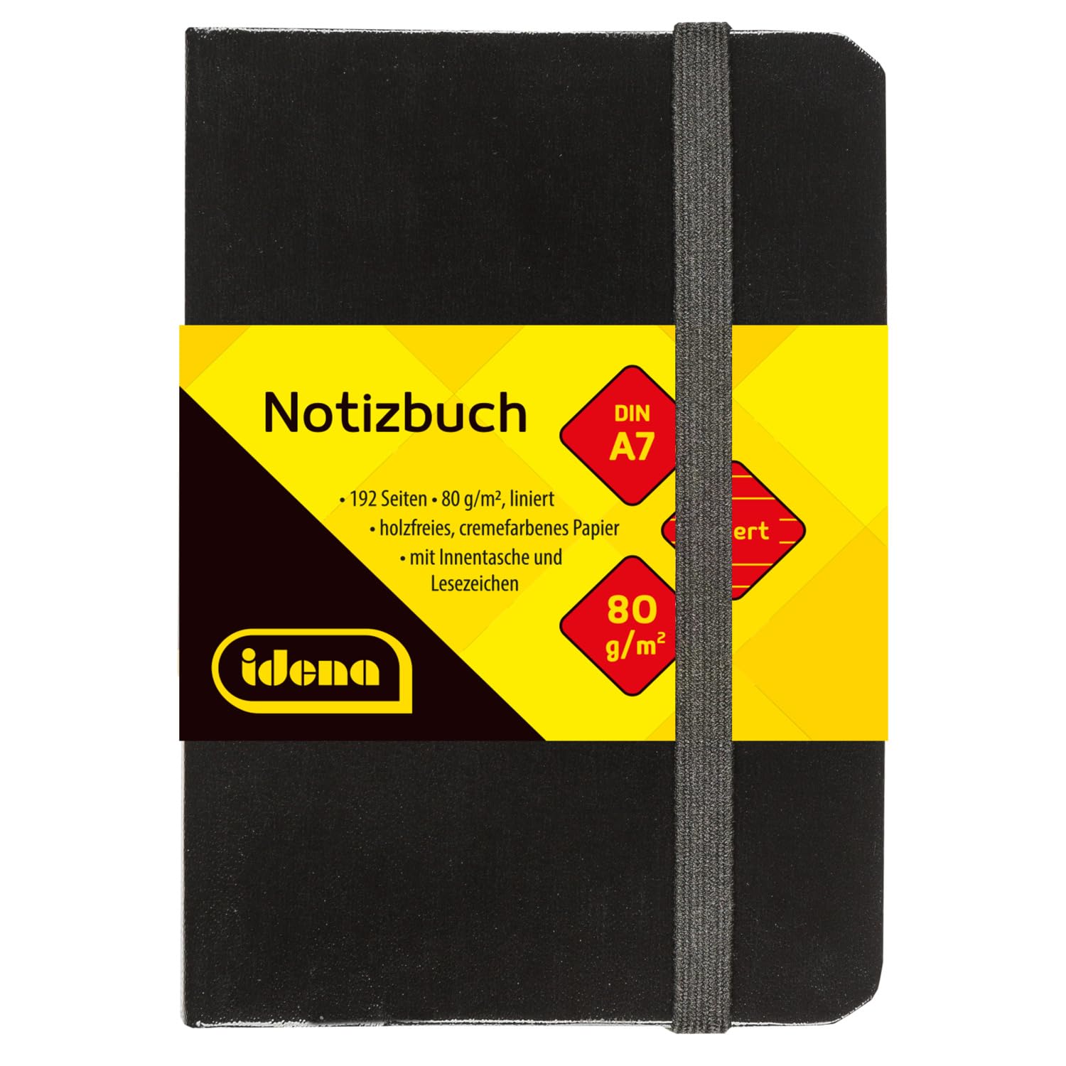 Idena 10033 Notebook DIN A7, Lined, Cream Paper, 192 Pages, 80 g/m², Hard Cover in Black