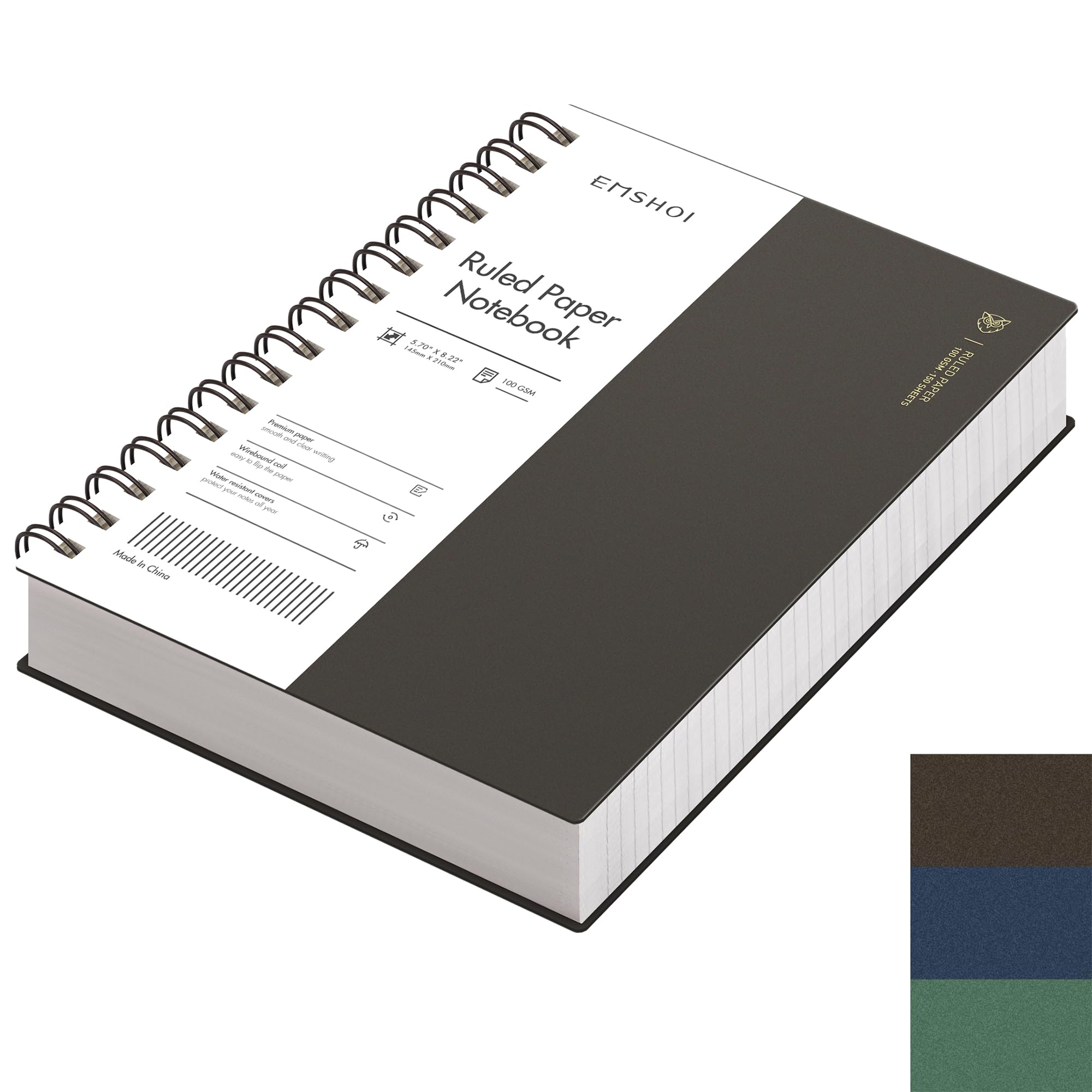 EMSHOI A5 Notebook College Ruled, Spiral Notepad 150 Sheets/300 Pages, 100gsm, PVC Cover, Sticky Notes, Pocket, Pen Loop, Ruler, Bookmark, Lined Journal for Women Men Writing, 14.5 x 21cm, Coffee