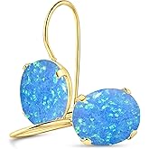 14K Gold Blue Opal Earrings for Women - Timeless Gold Dainty Dangle Drop Earrings - October Birthstone Earrings - 6x8mm Oval Gemstone - Blue Opal Gold Earrings