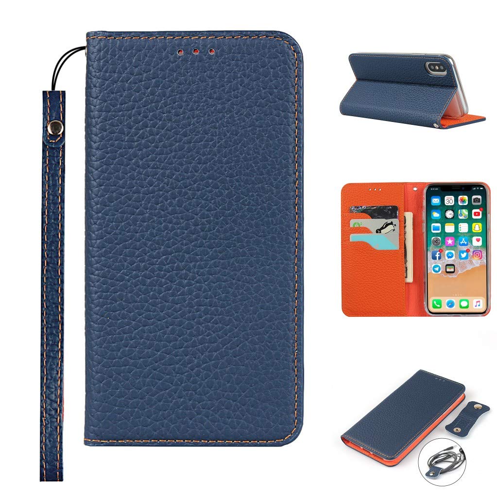 Copmob iPhone X Case,iPhone XS Case,Genuine Leather Flip Wallet Case,[3 Card Holders][Magnetic][RFID-Blocking],Protective Phone Case Cover for iPhone X/XS - Dark Blue