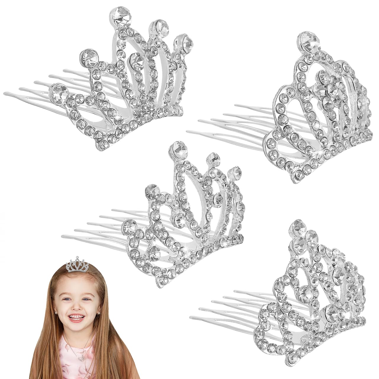 Minkissy 4pcs Crown Comb Hair Clips for Girls - Medium Crown Hair Clips & Combs for Kids, Mini Tiara Alloy Rhinestone