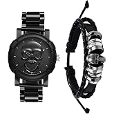 JewelryWe Punk Watches for Men: Round Analog Quartz Skull Watch Cool Stainless Steel Wristwatch Bracelet Watch Set for Father's Day