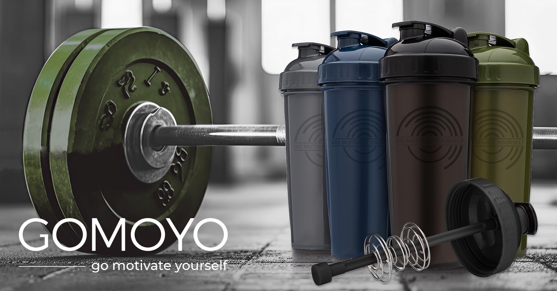 GOMOYO [4-Pack] 28-Ounce Shaker Bottle | Bulk Protein Shaker Bottle with Action-Rod Wire Mixer | Shaker Cups Sets are BPA Free and Dishwasher Safe | Moss, Gray, Navy, & Black