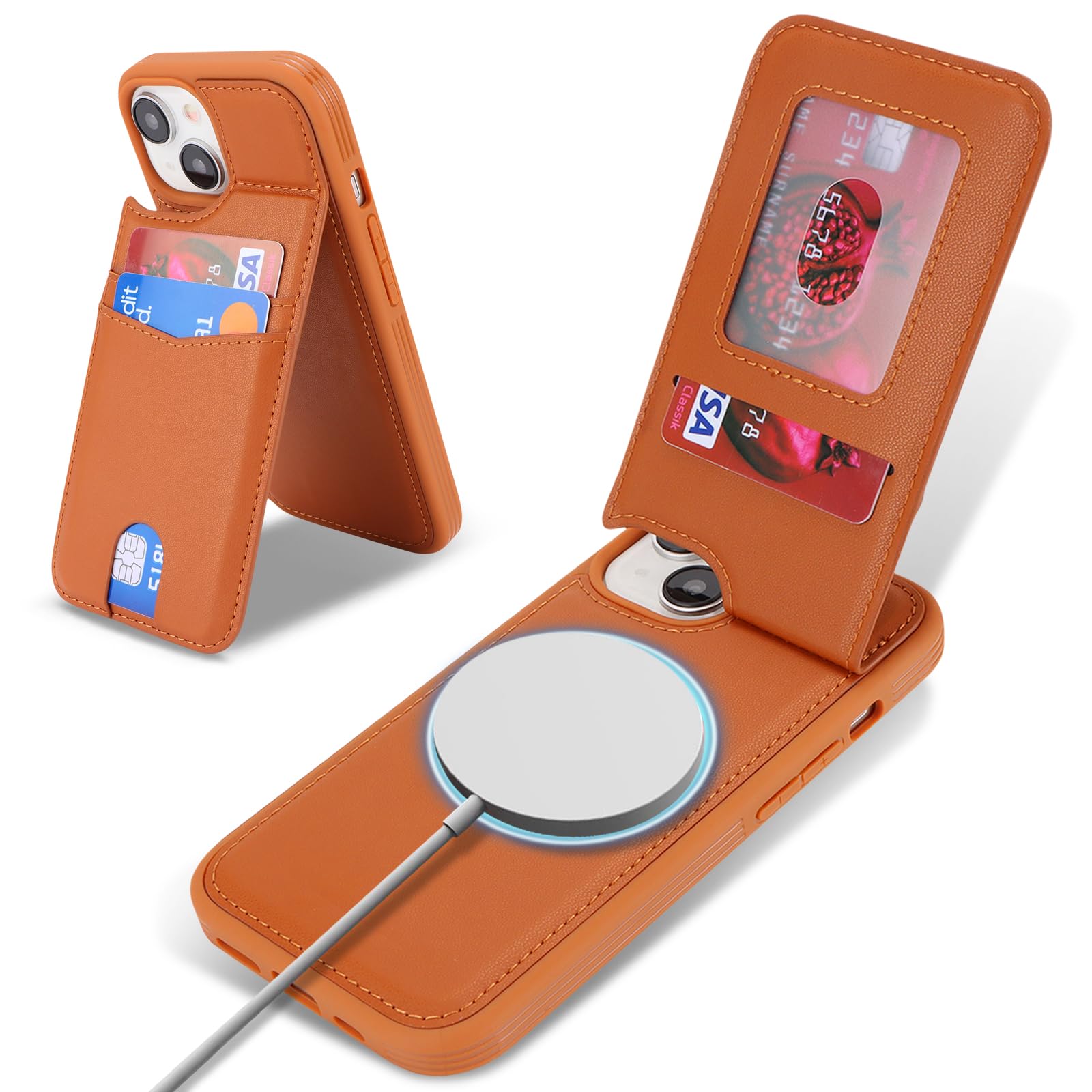 Photo 1 of ?????? case for iPhone 15 Plus magsafe Wallet Compatible with Card Holder Back Credit Slots PU Leather Stand Shockproof Phone Cover for Women and Men-Brown