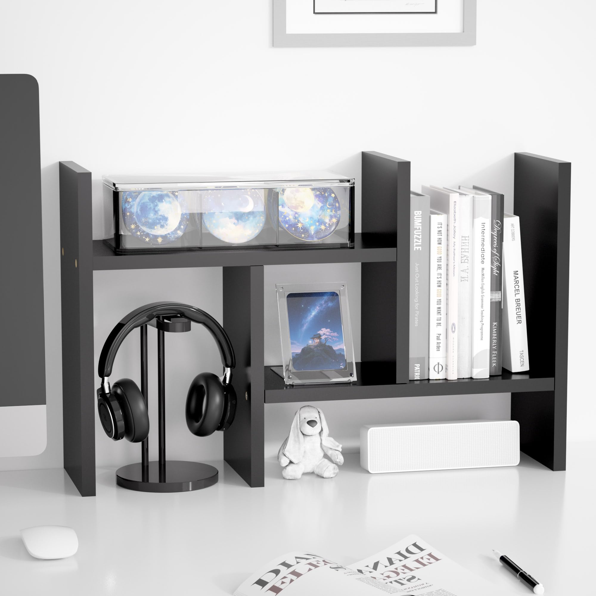Photo 1 of Jerry & Maggie Desktop Organizer Office Storage Rack Adjustable Wood Display Shelf Free Style Double H, Multi-Functional Mini Bookshelf for Desk Natural Stand (Black)