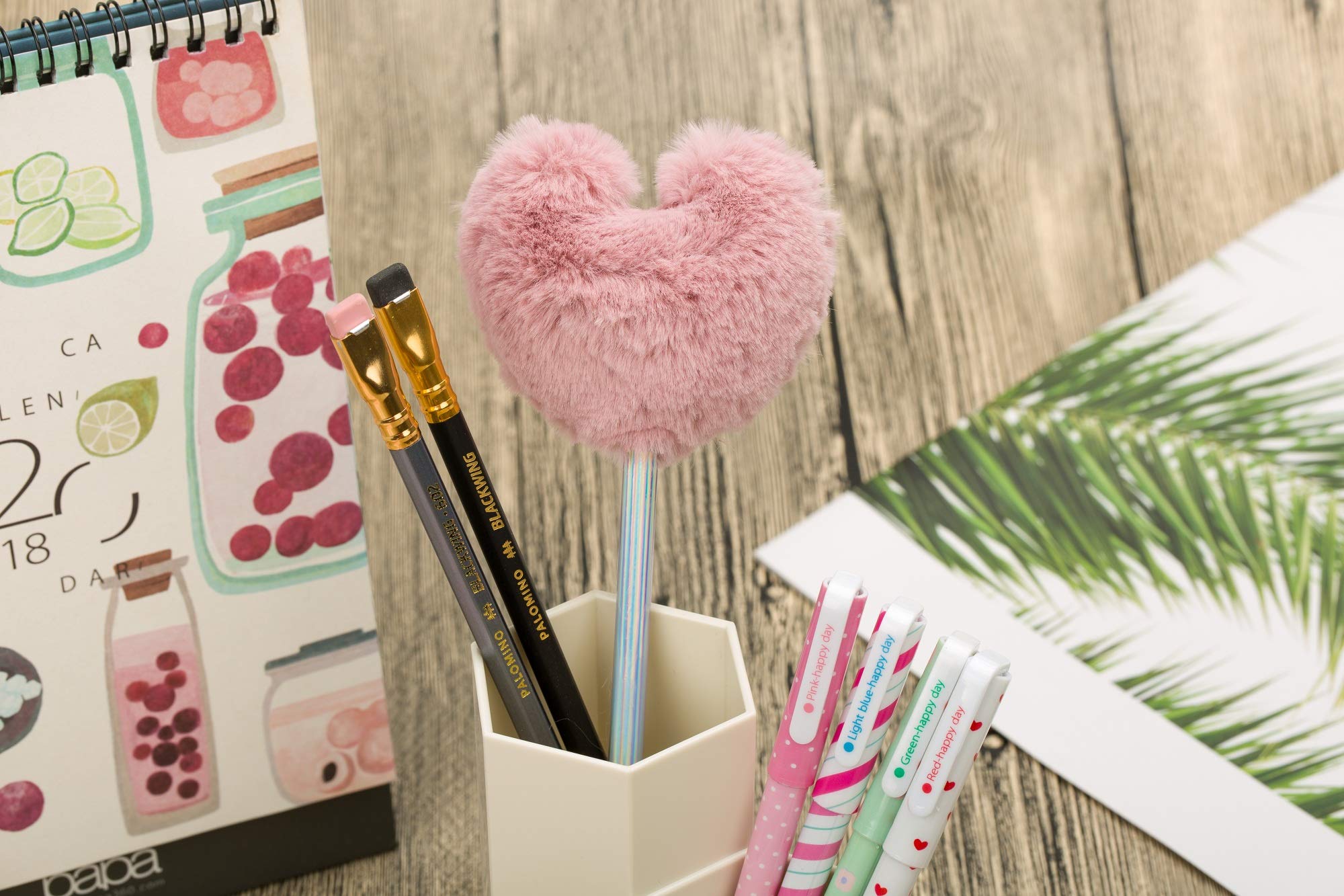 Lazyaunti Cute Fluffy Pencils for Kids Fancy Fun Pencil Toppers Plush Ball Classroom Gift Personalized School Supplies for Girls (Purple Heart)