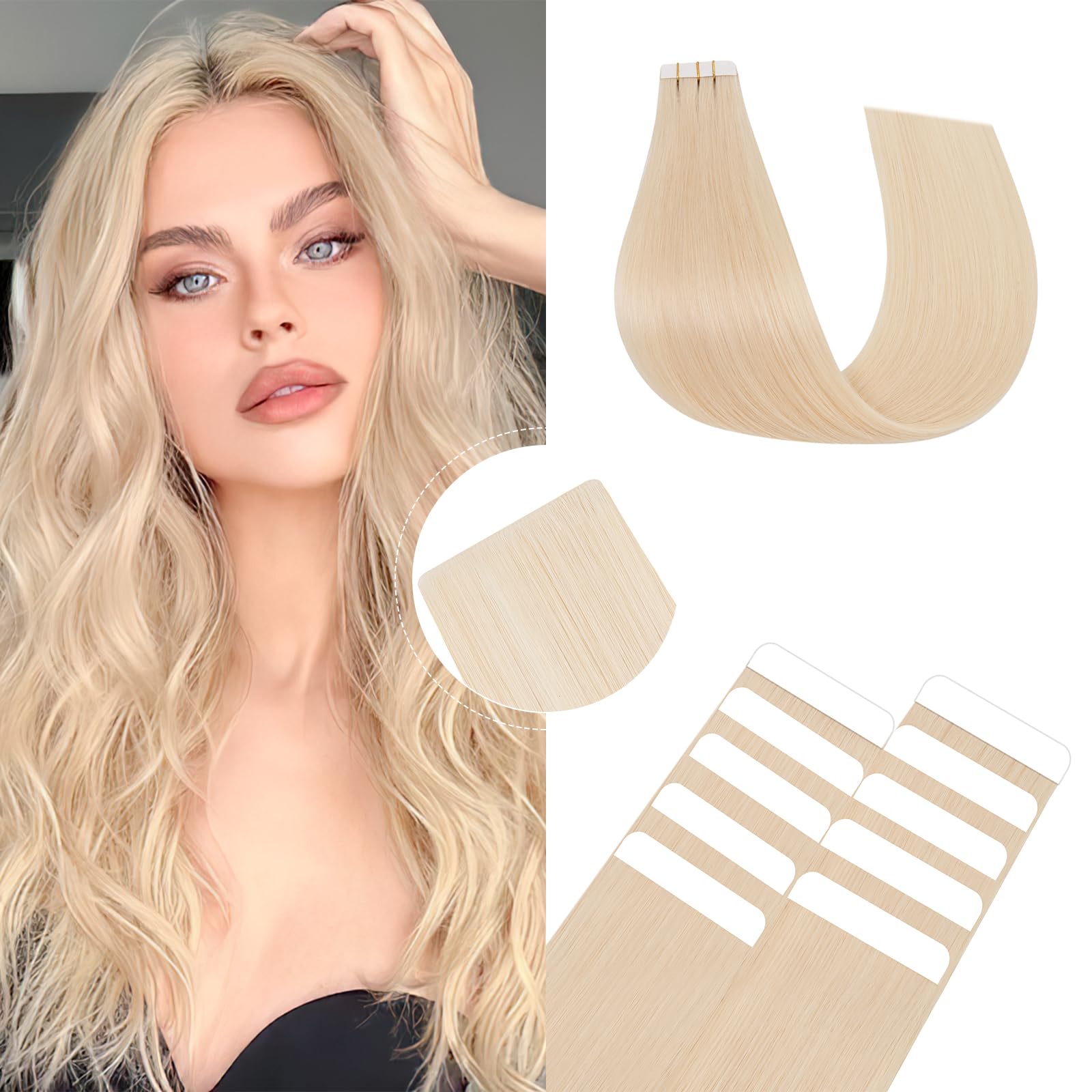 SEGOHAIR Tape in Hair Extensions Human Hair Virgin Hair Pieces Injected Remy Tape Hair Extensions, Invisible Seamless for Women 22" 12.5g 5pcs Bleach Blonde — image 1