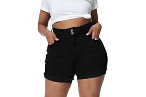 Gocolloa Womens Plus Size Jean Shorts High Waisted Stretchy Ripped Frayed Folded Hem Denim Shorts