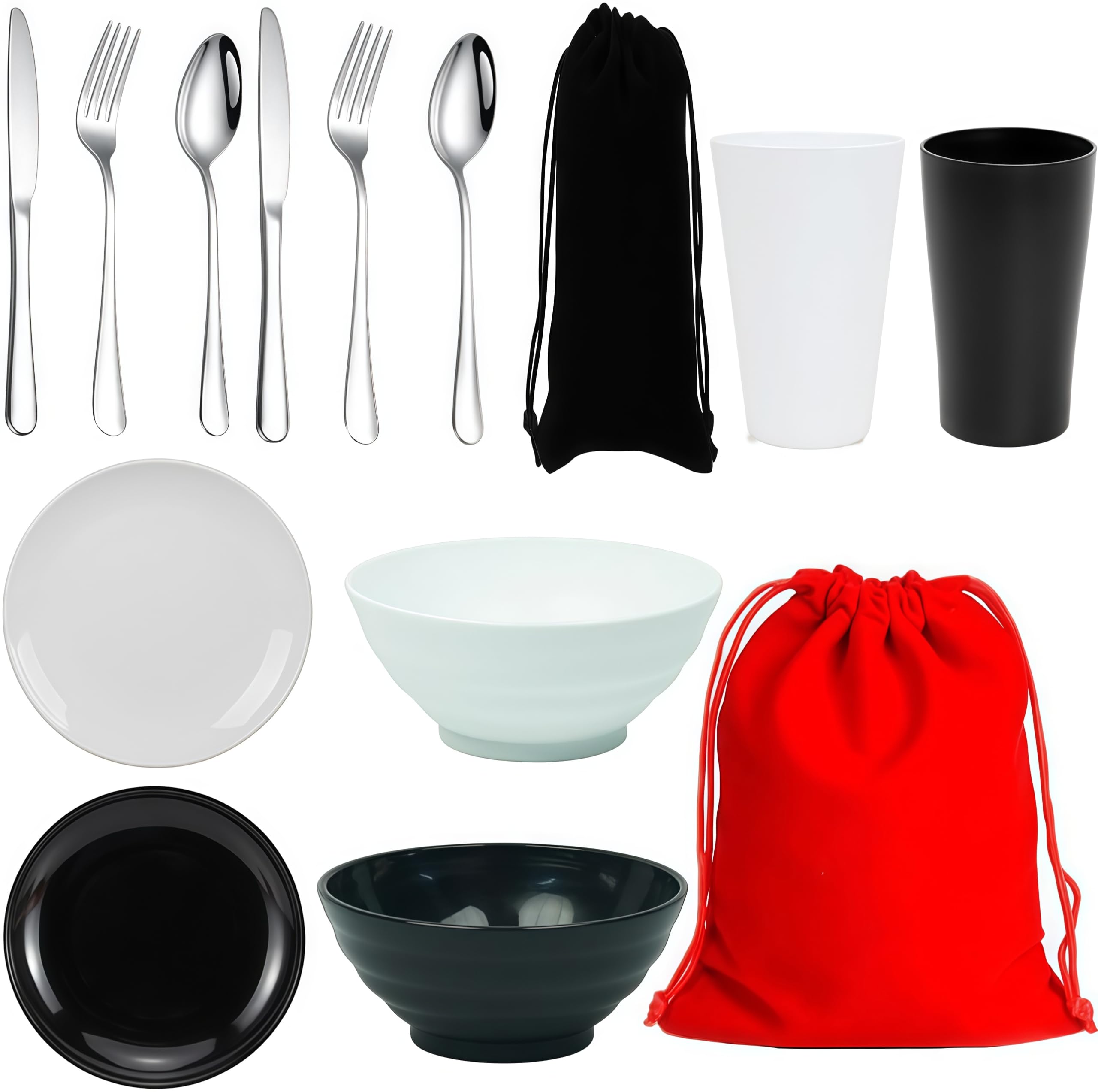 Camping Utensils, Camping Plates and Bowls Set, Camping Cooking Utensils Set, Lightweight BBQ Serving Plates, Cutlery Set, Cups, Bowls, Forks,Tableware Loopunk