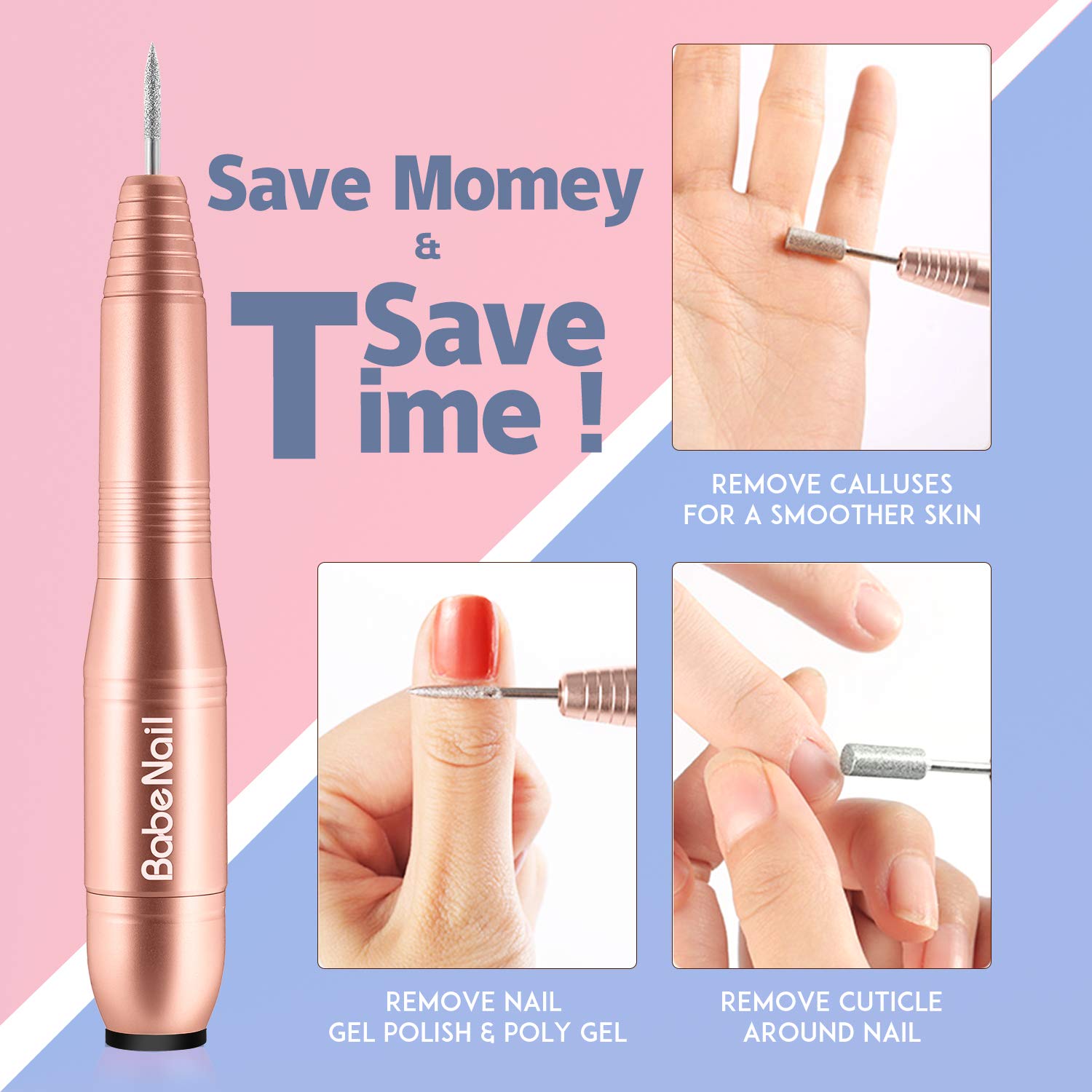 BabeNail Nail Drill Set Electrical Professional Nail File Kit for Acrylic, Gel Nails,Portable Handpiece File Grinder Manicure Pedicure Polishing Shape Tools Design for Home Salon-RoseGold: Beauty