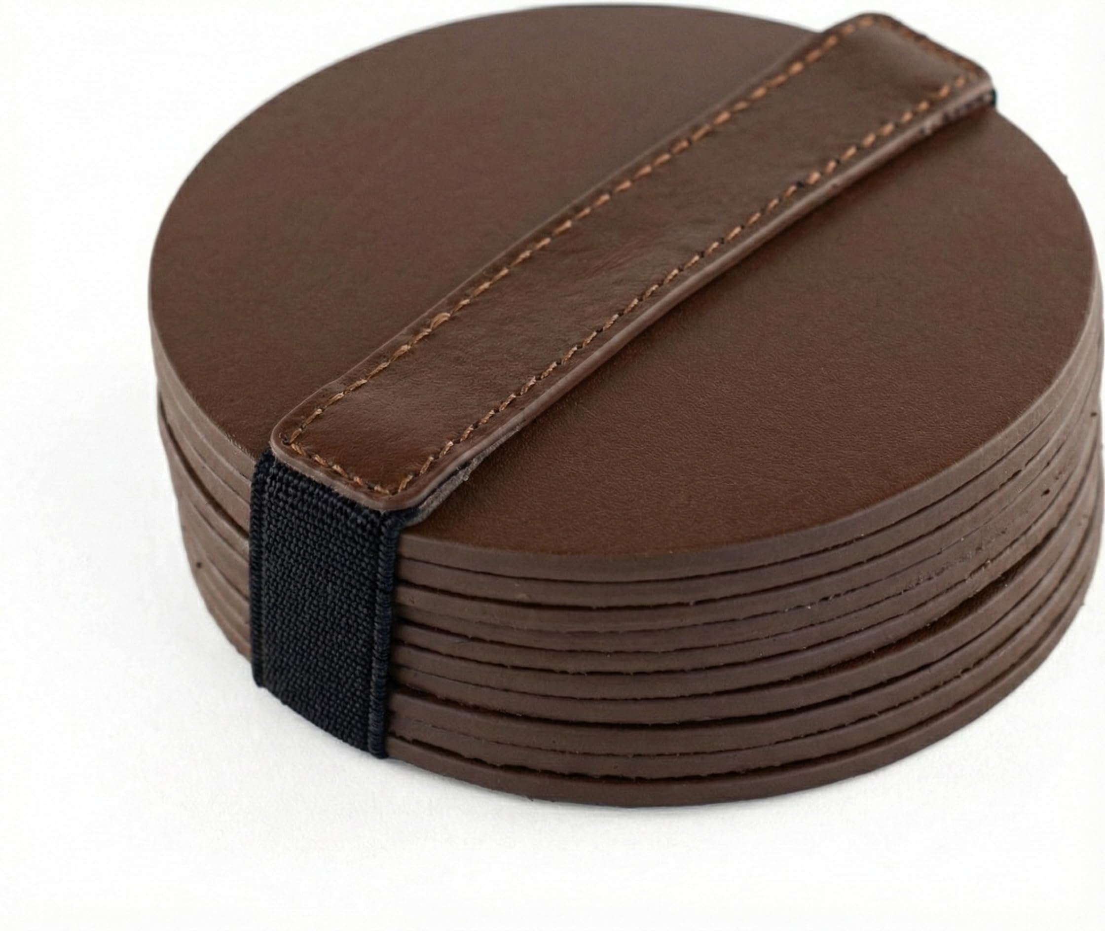 Brute Strength - Full grain leather coasters - Brown - Round - 6 pcs - Round coaster for glass - Coasters for drinks - includes holder