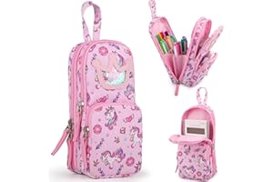 BERRYRIZZ Unicorn Large Capacity Pencil Case Pen Pouch Organizer Canvas Pencil Bag with Handle School Supplies for Teen Girls-Pink