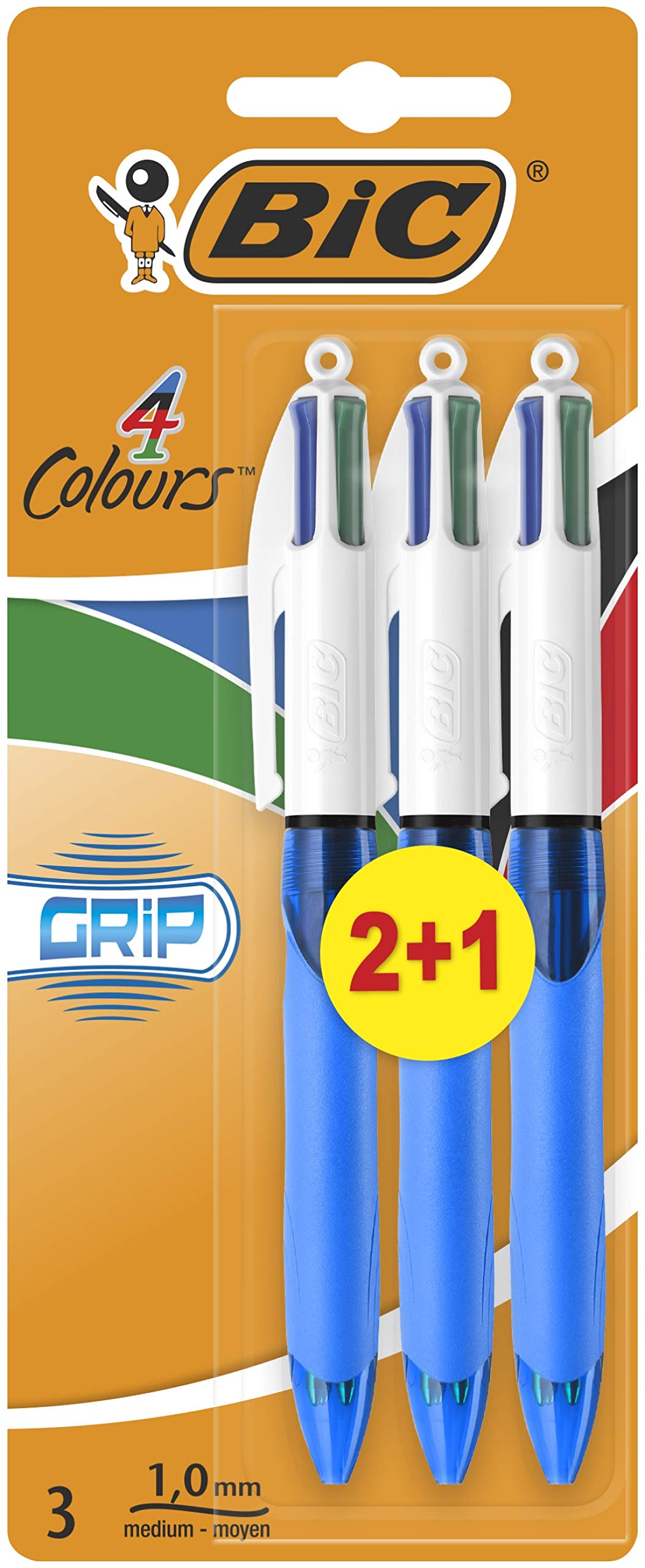 BIC 4 Colours Grip Assorted Ball Pens Medium Point (1.0 mm) - Pack of 3