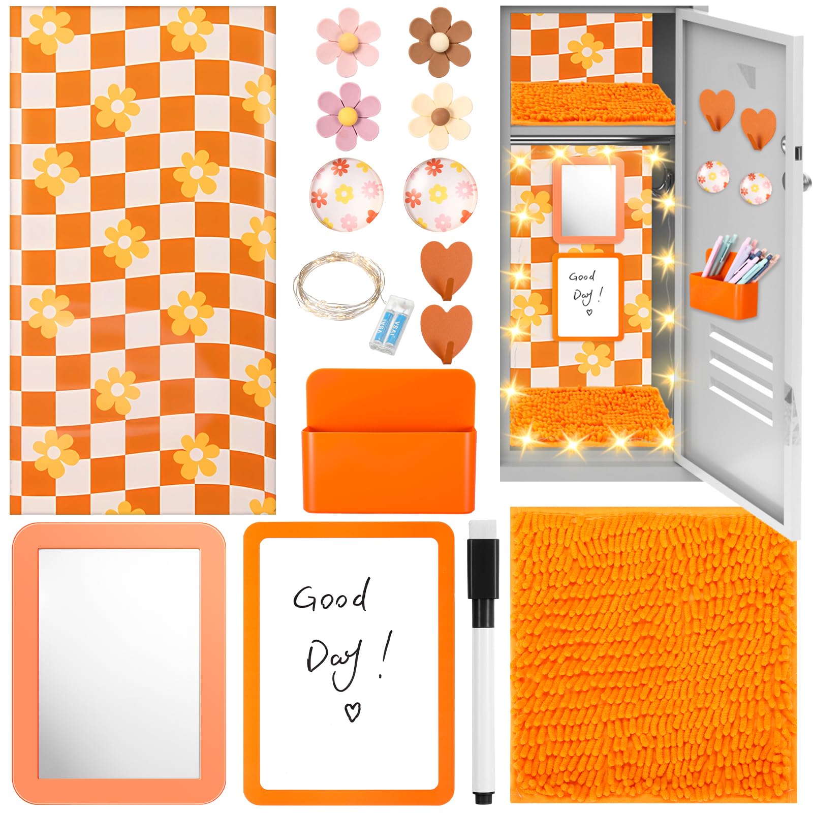 Photo 1 of AmazingSpark 12 Pcs Locker Accessories Kit Magnetic Mirror Pen Holder Hook Whiteboard Wallpaper Magnet Rug Keychain String Light for Back to School Essentials Locker Decoration (Orange,Retro)