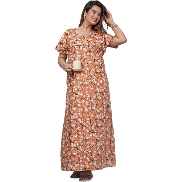 knee length dresses for ladies Indian Cotton Women's Maxi Night Dress 2-PC Set  Marika Textiles at 630