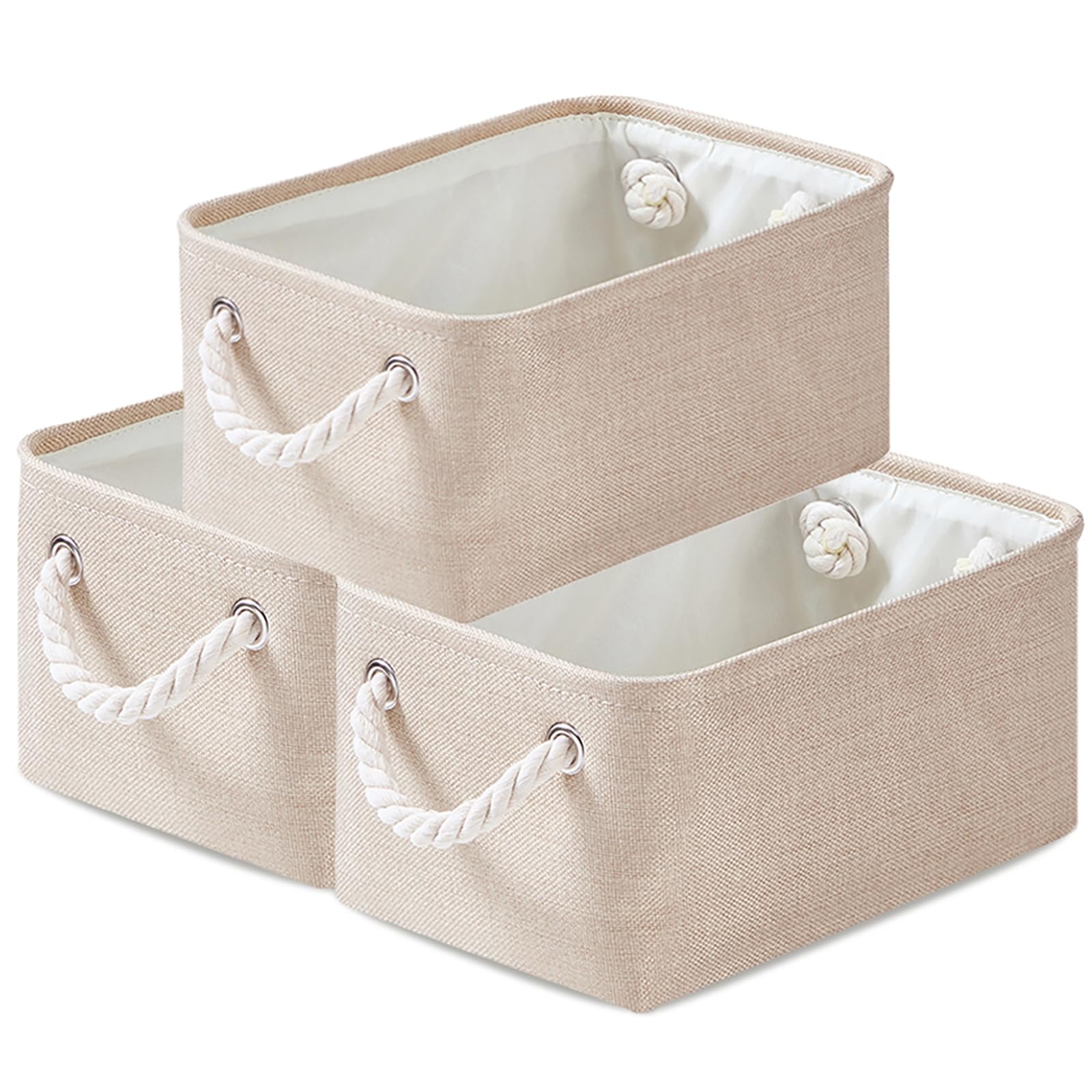 Mangata Fabric Storage Boxes, Storage Baskets for Shelves, 3 Pack (Light Khaki, S)