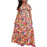 BEAUDRM Girl's 2 Piece Outfits Tropical Print Off Shoulder Ruffle Trim Short Sleeve Top and Flared Hem A Line Skirt Set