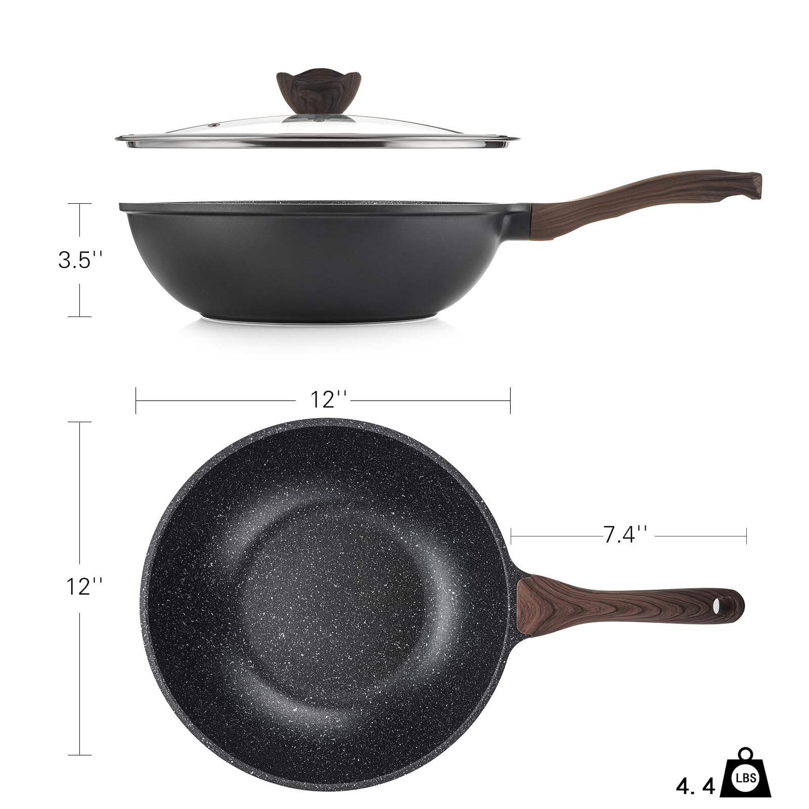 Kordisen Wokpfanne induktion, 30 cm Wok mit Deckel, Aluminiumguss, Beschichtung in Steinoptik, kompatibel mit allen Herden, PFOA-frei, Schwarz 6
