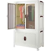 FozsKeylf Stackable Closet Storage Bins, Collapsible Clothes Organizers, Portable Wardrobe Closet with Lids and Doors, Movable Clothes Storage with Coat Hangers, White