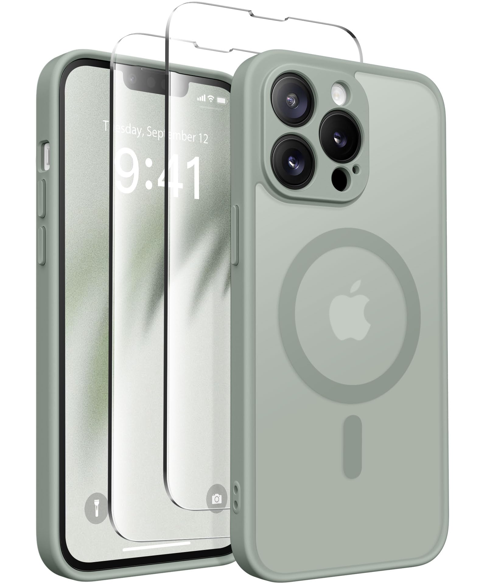 CAPRARO Magnetic for iPhone 13 Pro Case, [Compatible with MagSafe] [Full Camera Protection] Shockproof Protective Slim Translucent Matte Phone Case iPhone 13 Pro Case,GreyGreen — image 1