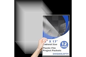 12 Pack Tabloid Size Plastic File Project Pockets 11 x 17 Plastic Sleeves Large Clear Pocket Folders L Type Clear Document Fo