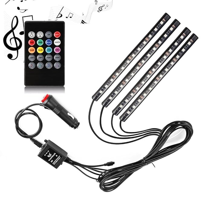 Car LED Strip Light, SurLight 4pcs 48 LED DC 12V Multicolor Music Car Interior Light LED Under Dash Lighting Kit with Sound Active Function and Wireless Remote Control, Car Charger Included