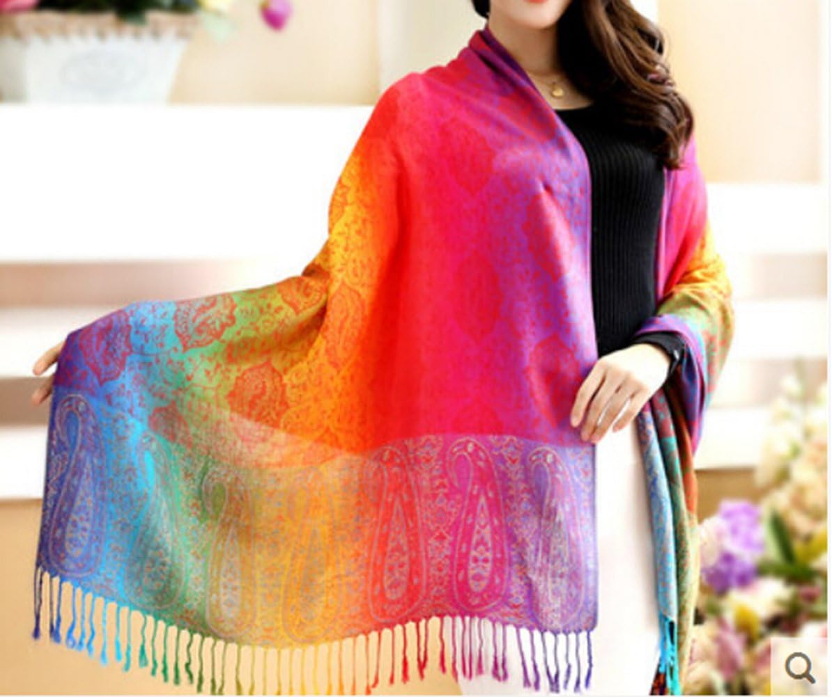 Km Women Bohemian Long Ethnic Jacquard Fringed Scarf/shawl (A-red)