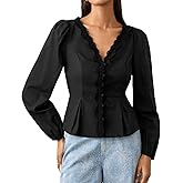 HERYEA Women Blouse Lace Button V-Neck Shirt,Long Puff Sleeve Tie-Waist Cute Top
