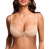 DOBREVA Women's Unlined Plunge Scoop Bra Lace Trim Balconette Sexy Underwire Demi Bras Deep V