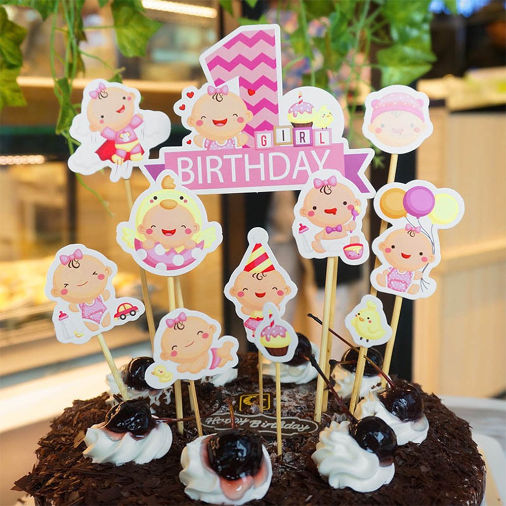 MZCH Little Girl CupCake Topper Cake Toppers for Baby Shower 1st Birthday Girl, Pink, 33 Pack