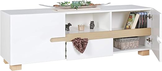 Wohnling Lowboard Skandi 150 X 52 X 42 Cm Weiss Skandinavisch Holz Hifi Regal Design Retro Tv Board Mit Schublade Turen Fernseher Kommode Mit Eiche Beinen Amazon De Kuche Haushalt