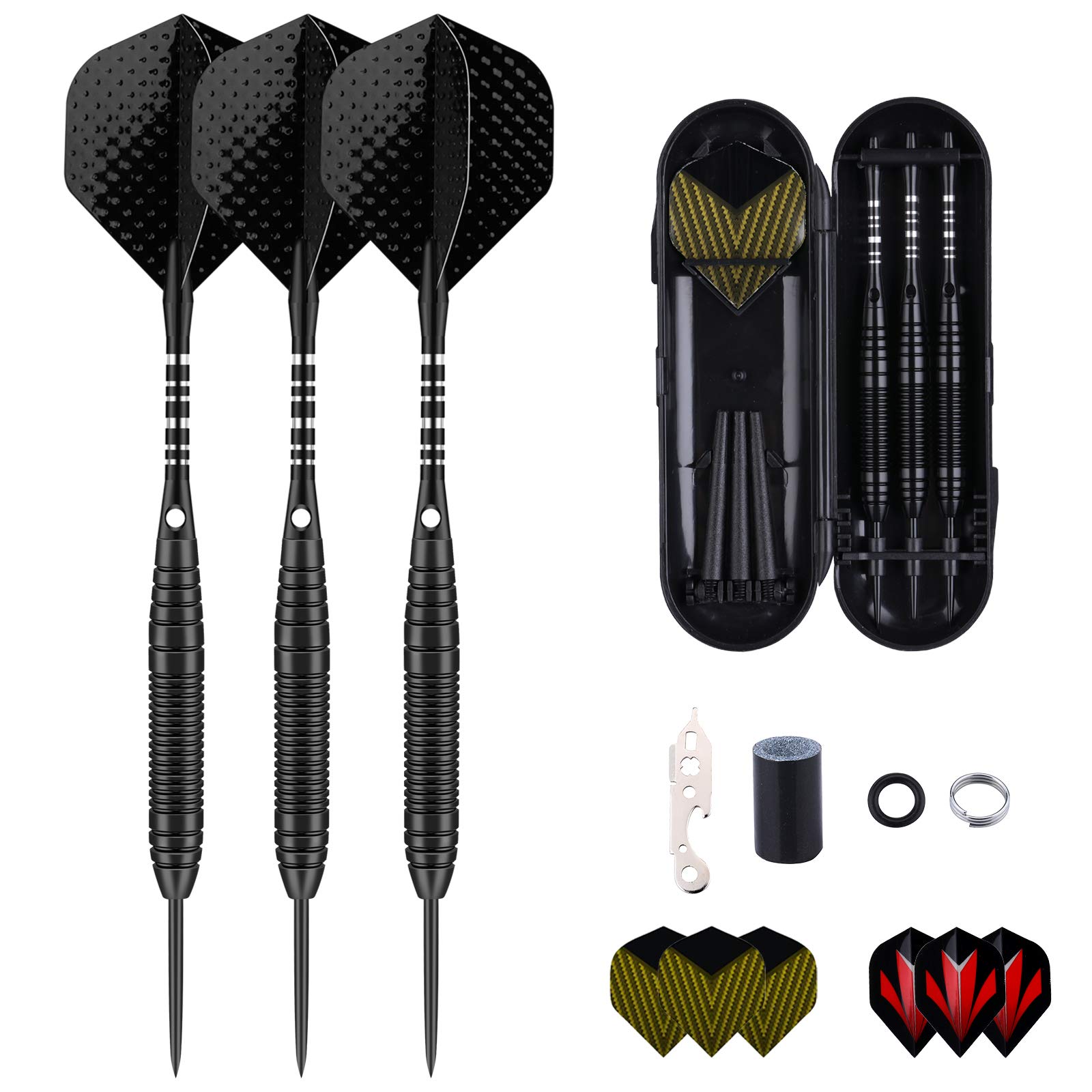 sanfeng Professional 3 Pack 22 Grams Steel Tip Darts Set With Black Aluminum Shafts 9pcs Standard Flights + 50pcs Rubber O-Rings + 12pcs Spring Rings + 1pcs Dart Sharpener Tool