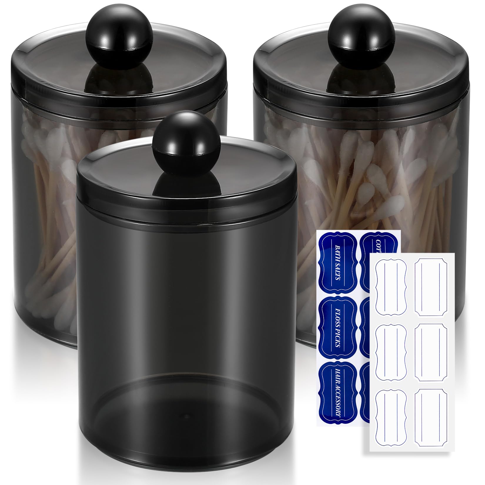 Gaomoeny 3 PACK Qtip Holder Dispenser Storage Organizer with Labels - 12 oz Black Apothecary Jars Bathroom for Cotton Ball,Cotton Swab,Cotton Round Pads,Floss,Makeup Sponges,Hair Clips