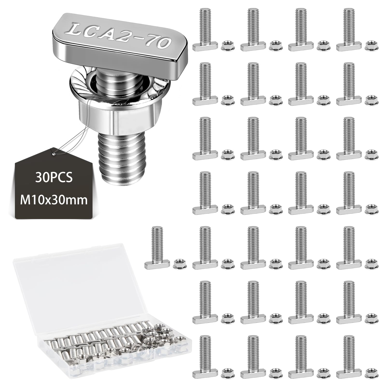 EXLECO 30 x Hammer Head Screws M10 x 30 mm Stainless Steel Hammer Head Screws T Nut Bolts with Plastic Box Stainless Steel Screw Attachment with Flange Nuts for T Nut Rail Greenhouse Profile Rails