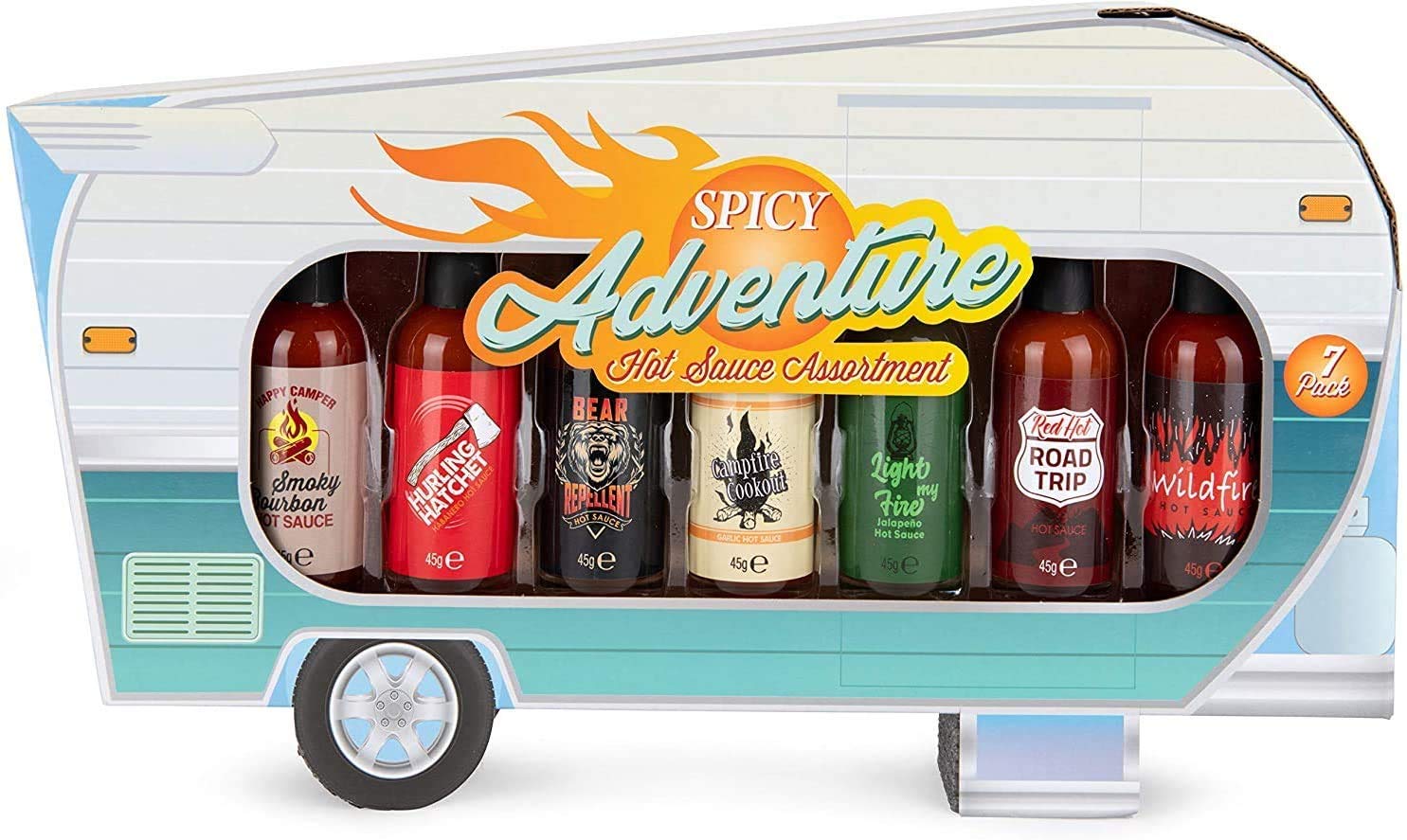 Thoughtfully Gourmet, Hot Sauce Camper Gift Set, Flavours Include Smoky Bourbon, Campfire Cookout, Light my Fire and More, Pack of 7