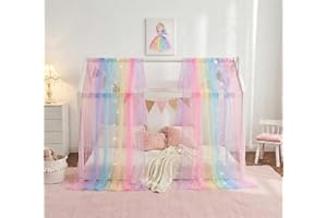 WANFASO Rainbow Bed Canopy for Girls, Sheer Twin Canopy Bed Curtains with Lights, Princess Canopy Scarf for Girls Bed Room De
