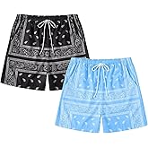 Eymitory Men's 2 Pack Paisley Print Graphic Shorts Drawstring Waist Boho Tribal Summer Bandana Shorts with Pockets