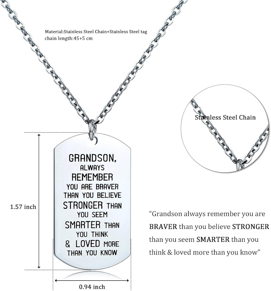 danjie to My Grandson Dog Tag Military Stainless Steel Pendant Necklace Grandson Always Remember You are Braver Stronger Smarter Than You Think: Jewelry