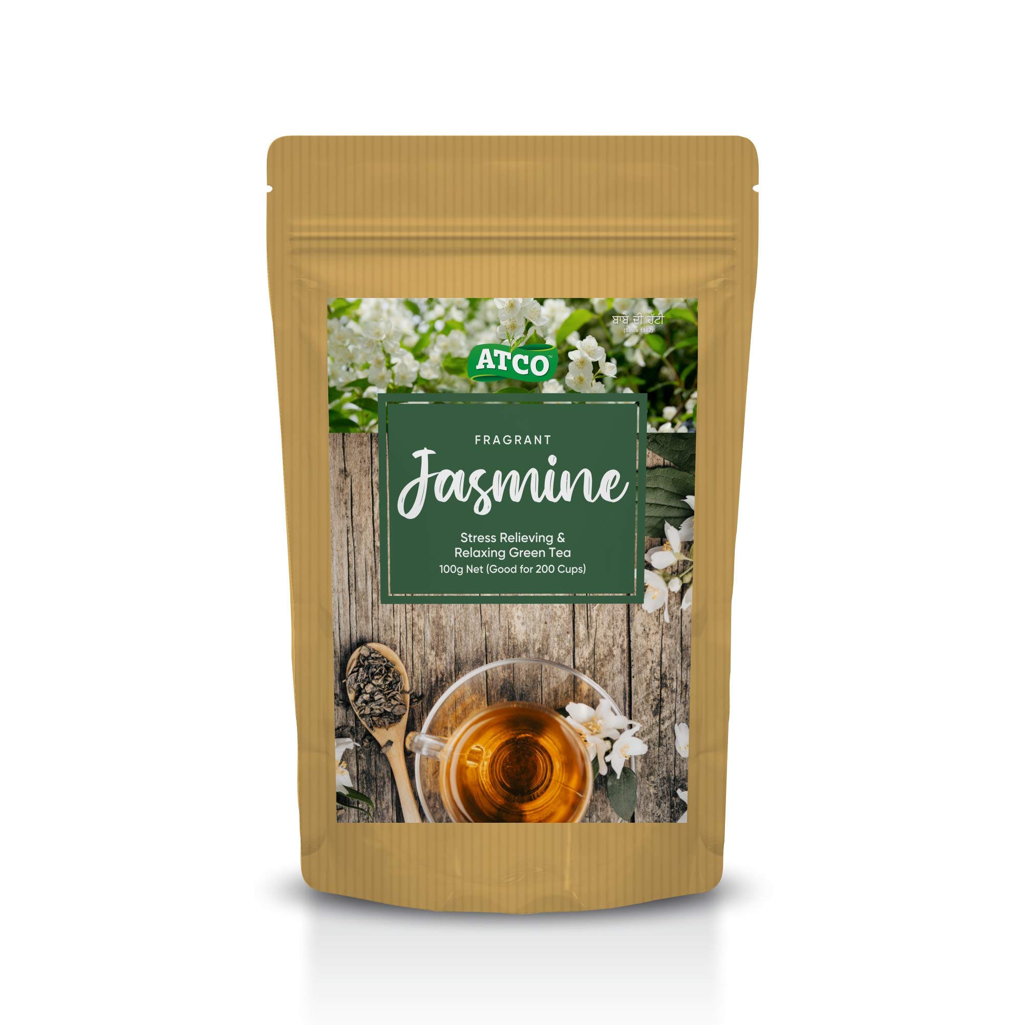 ATCO - Jasmine Tea | Immunity Boosting Herbal Green Tea for Cold Relief, Weight Loss & Body Cleanse | Stress Buster & Relaxing Loose Whole Leaf Tea With Jasmine Flower Buds | 100 gm - 50 Cups