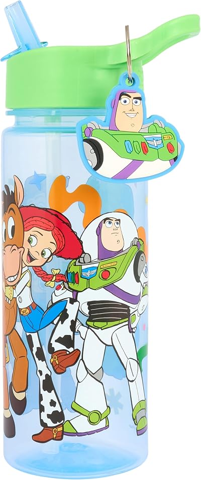 Disney Toy Story 500ml Water Bottle with Straw Blue Buzz Charm Woody Rex Jessie